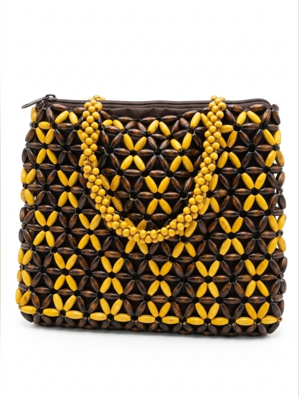 Petite Wood Bead Handbag Brown Yellow Floral Boho Retro Woven Purse Hippie Cute
